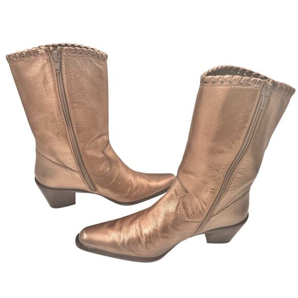 Stuart Weitzman Gold Leather Cowboy Boot 7 M Whipstitch Coastal Cowgirl Designer - Picture 8 of 16